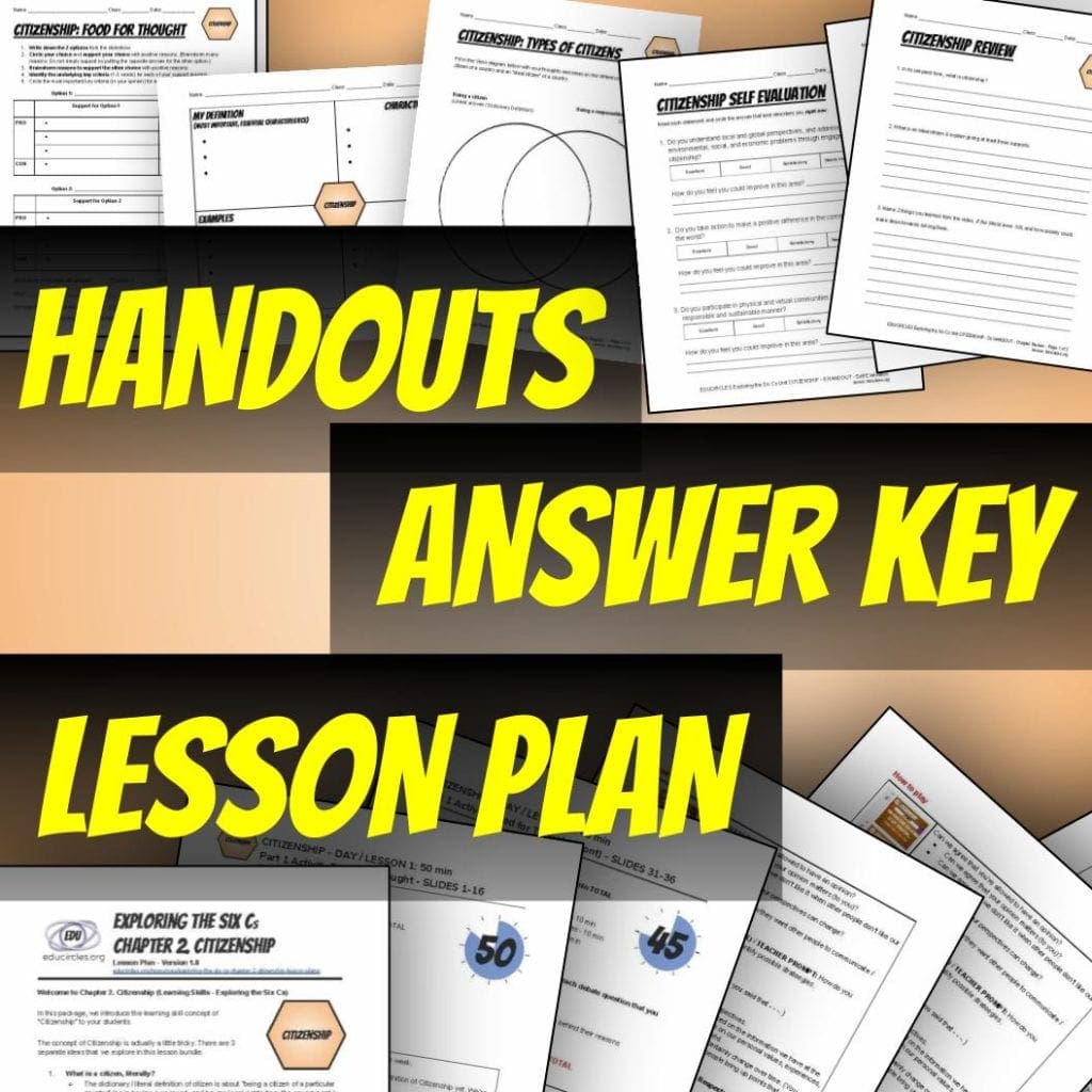 Screenshot of handouts, answer keys, and lesson plans for debates / citizenship activity for middle school and high school