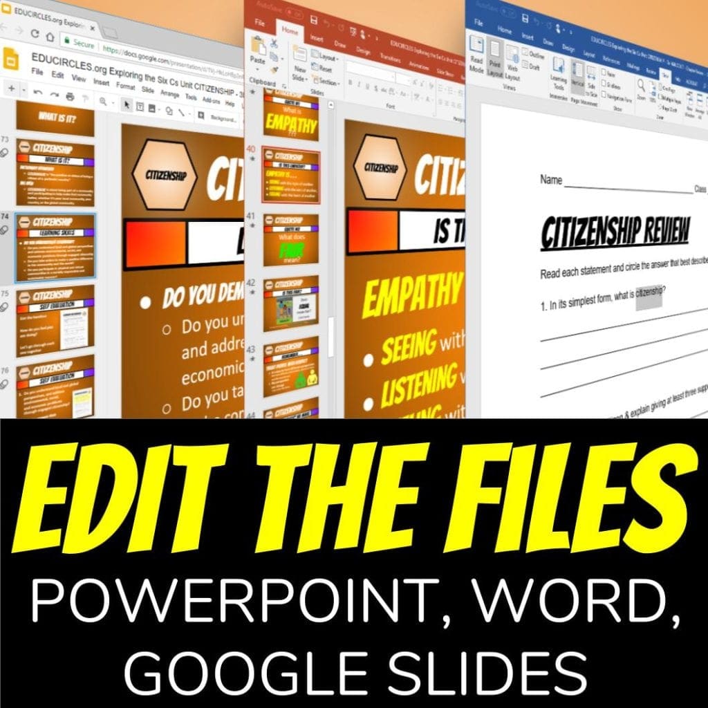 what makes a good citizen lesson plan screenshot showing that you can edit the files for your specific needs using powerpoint, word, or google slides.