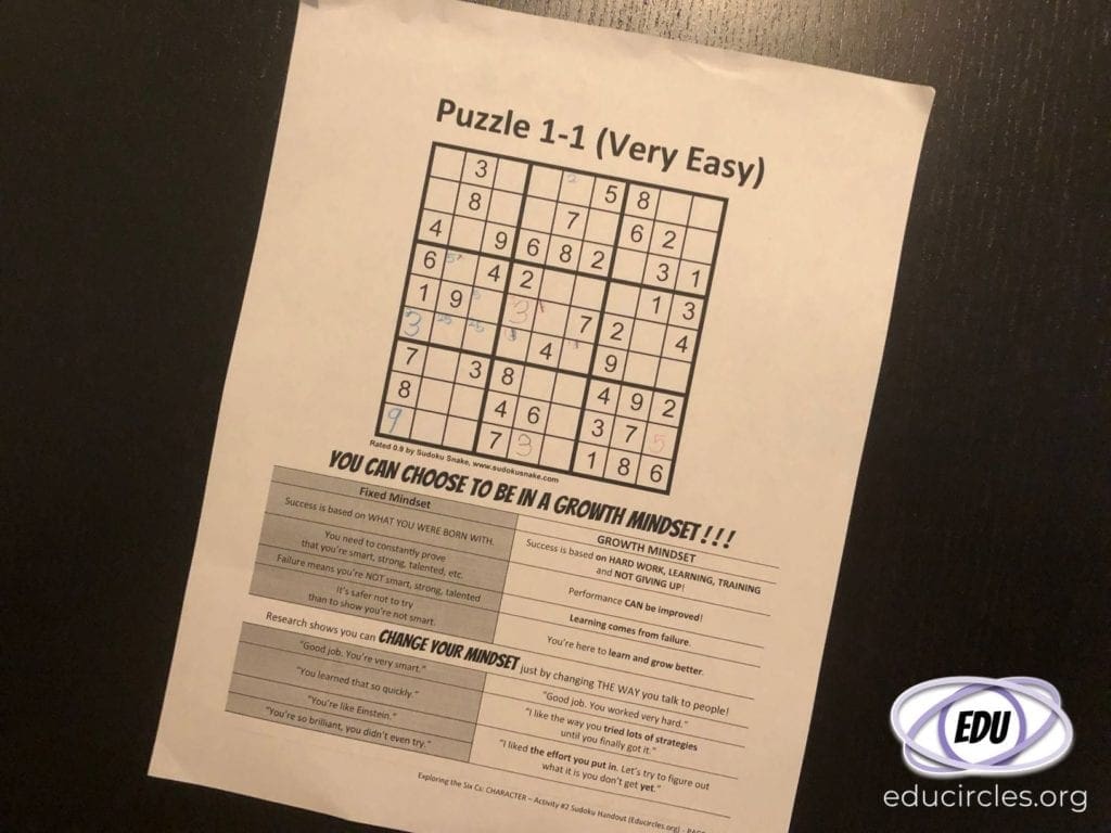Photo of a Sudoku puzzle with Growth Mindset strategies at the bottom