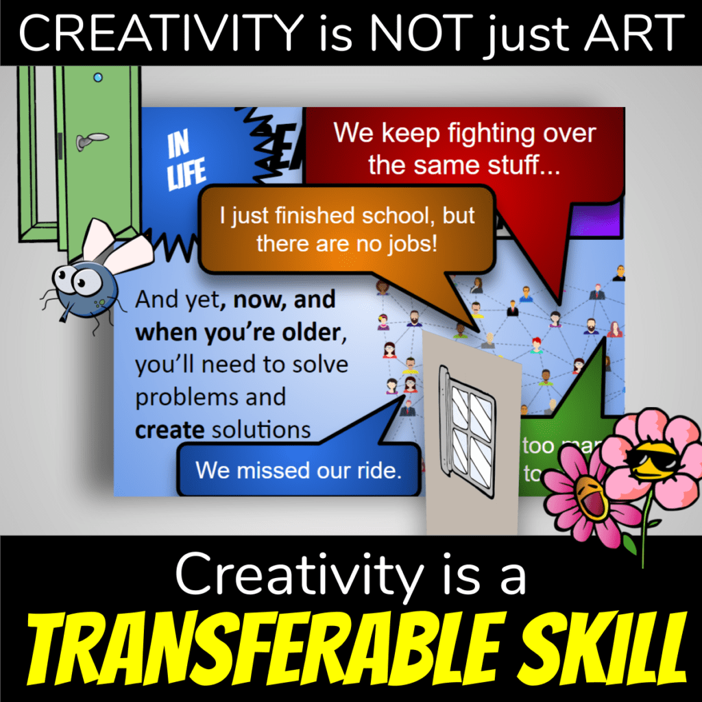 Creative lesson plan cover: Creativity is not just art. Creativity is a transferable skill. Photo of sample slides and fly going towards open door.