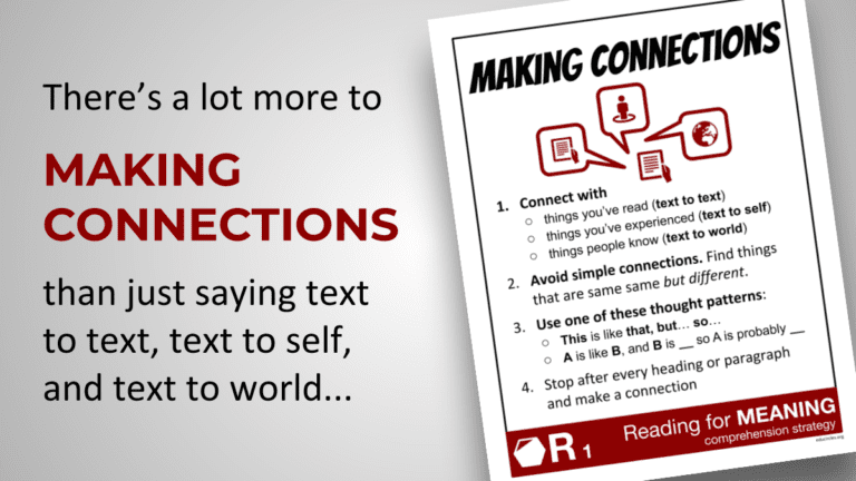 There's a lot more to making connections than just saying text to text, text to self, and text to world... (Poster of 4 strategies)