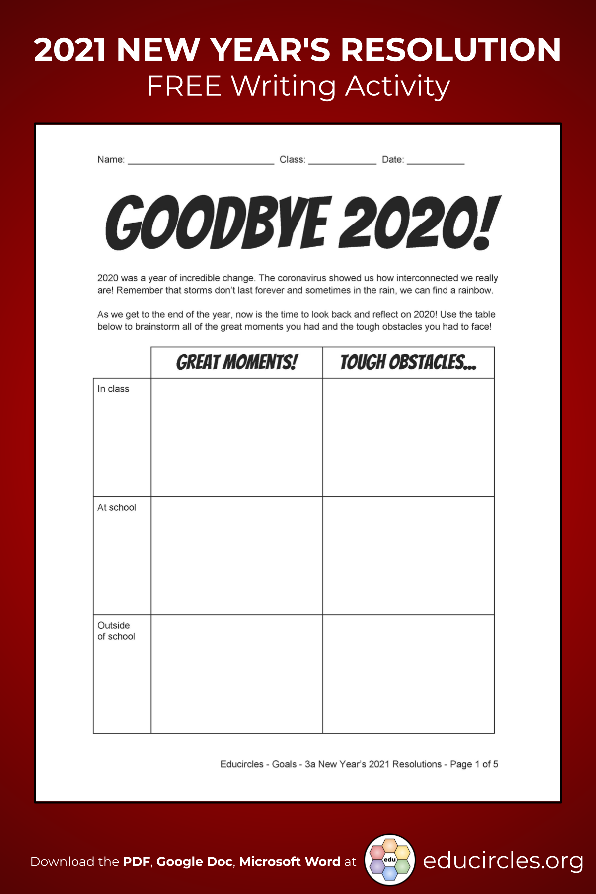 Screenshot of 2021 New Years Resolution Worksheet - page 1 Goodbye 2020