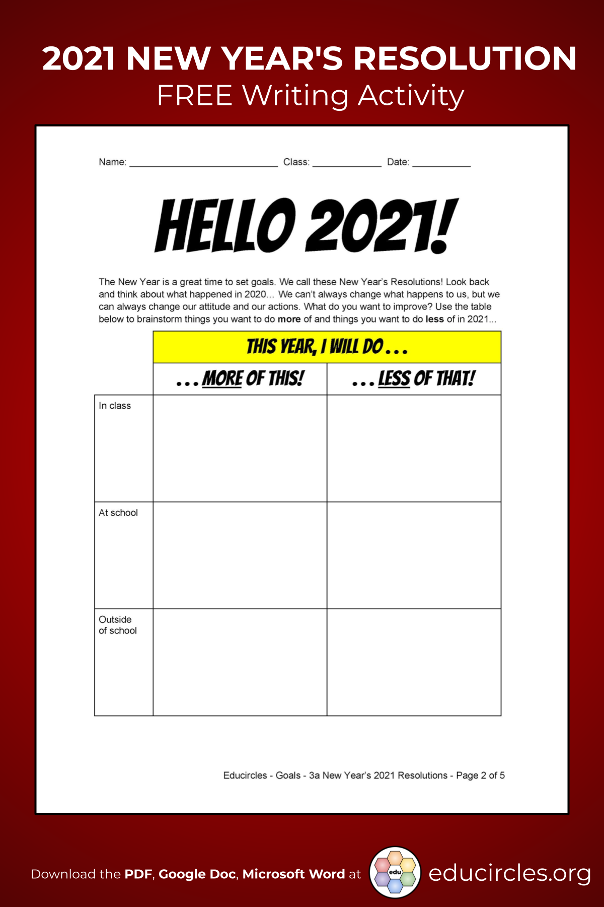Screenshot of 2021 New Years Resolution Worksheet - page 2 Hello 2021