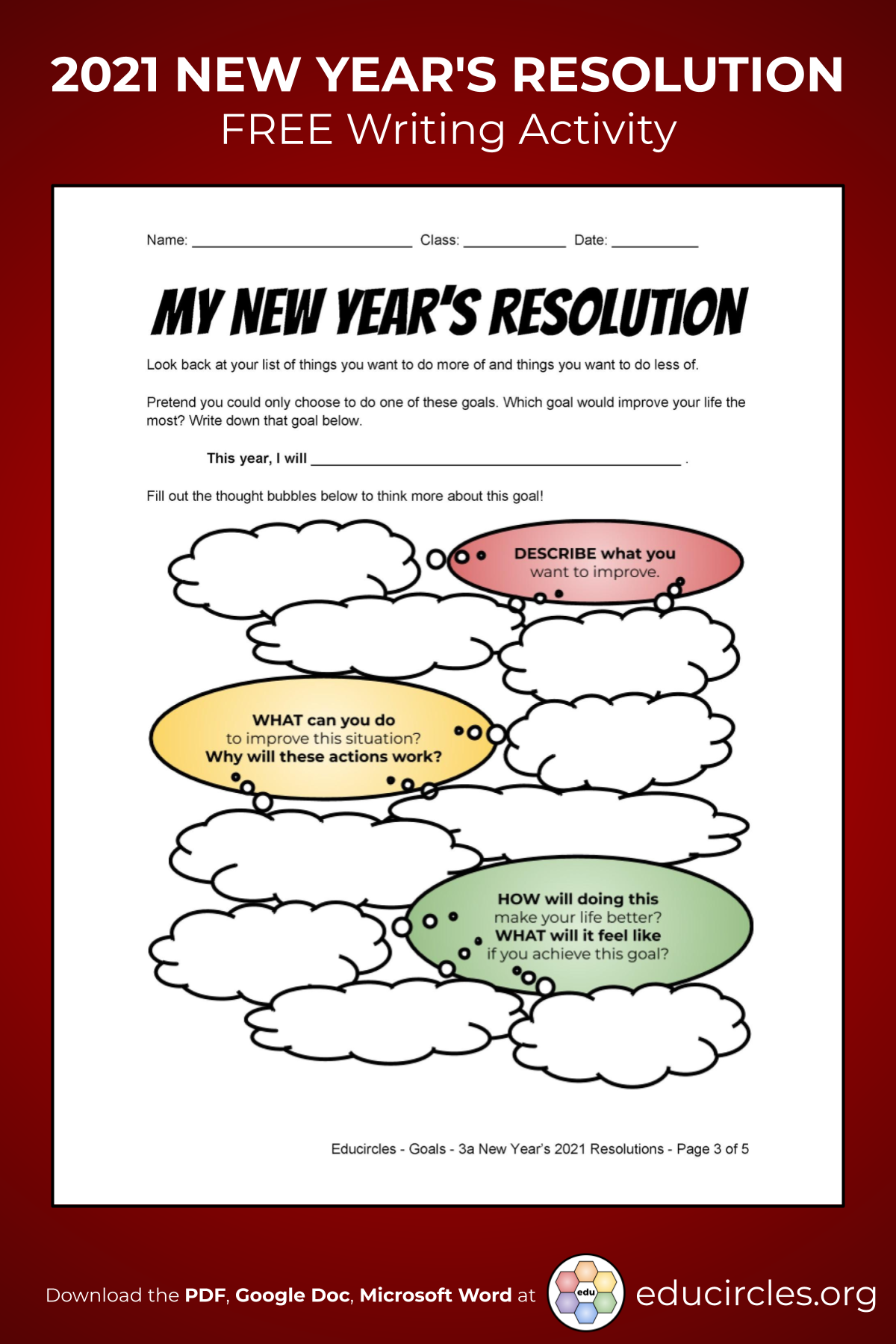 Screenshot of 2021 New Years Resolution Worksheet - page 3 My New Year's Resolution graphic organizer brainstorming questions