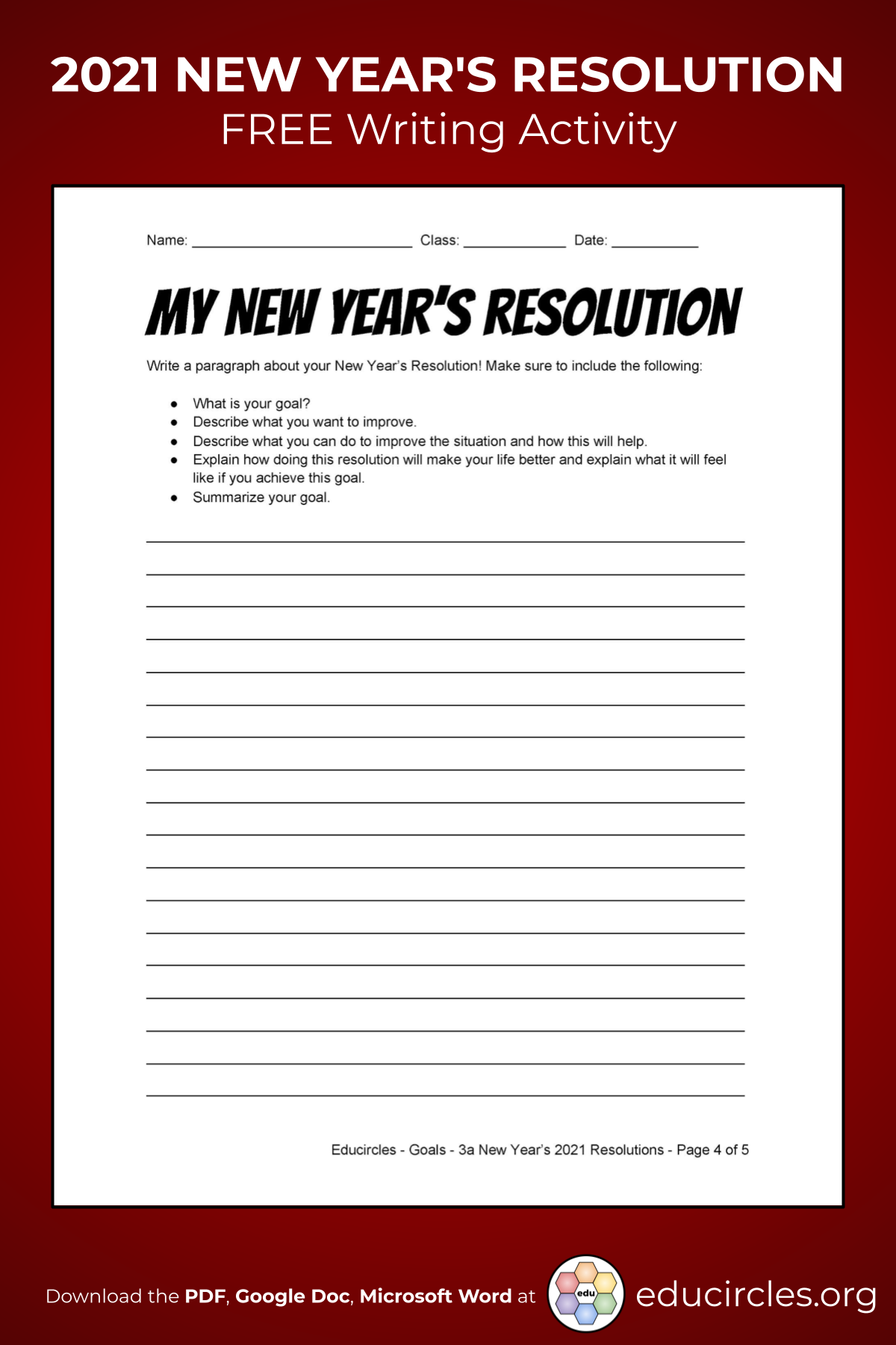 Screenshot of 2021 New Years Resolution Worksheet - page 4 Paragraph Writing
