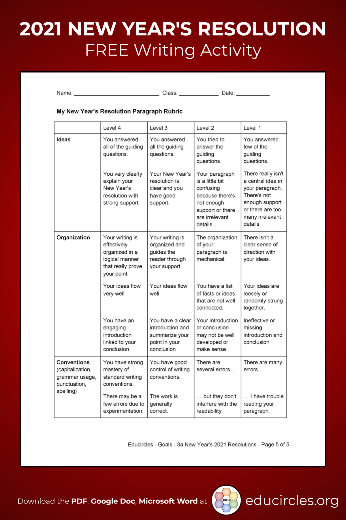 Screenshot of 2021 New Years Resolution Worksheet - page 5 Paragraph Writing Rubric