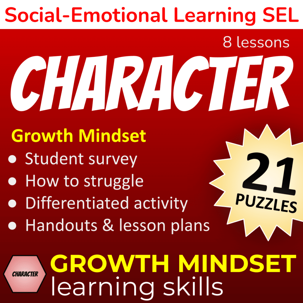 8 Character Lessons - Growth mindset: student mindset survey, how to struggle, differentiated activity, handouts & lesson plans - 21 puzzles. Growth Mindset 21st Century Skills - social emotional learning product cover