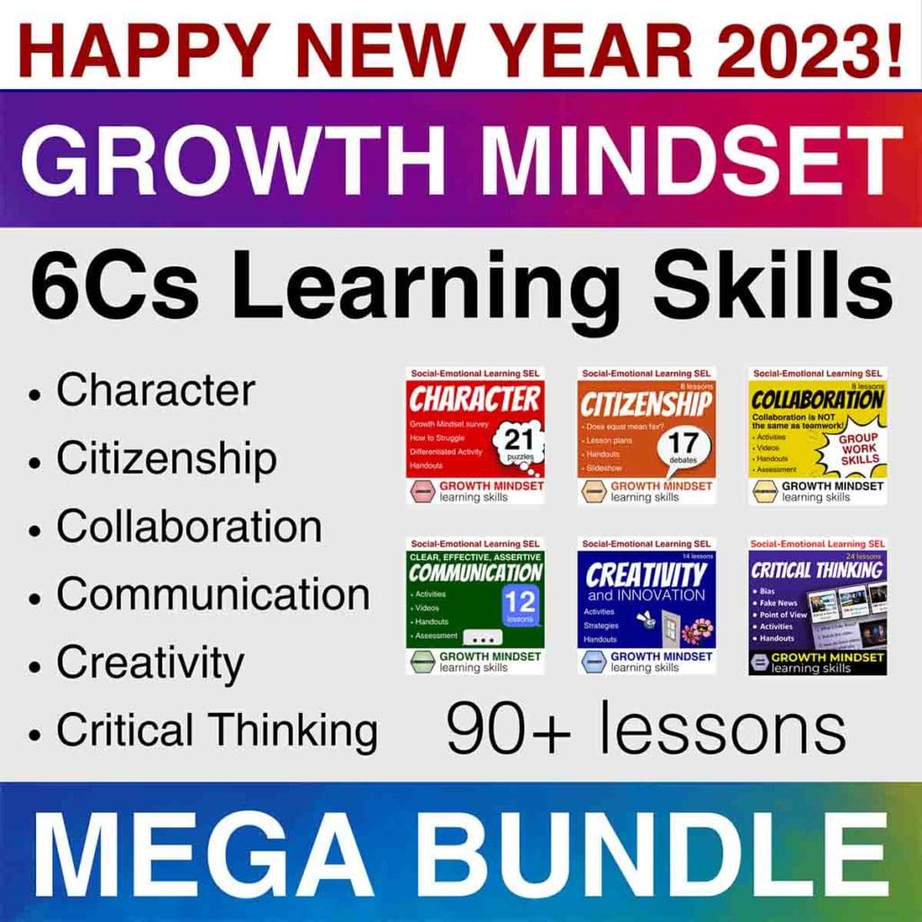 Happy New Year 2023! 6Cs of Education / Social-Emotional Learning Skills - Growth Mindset Learning Skills Mega Bundle - 90 lessons: character, citizenship, collaboration, communication, creativity and critical thinking. Cover 1