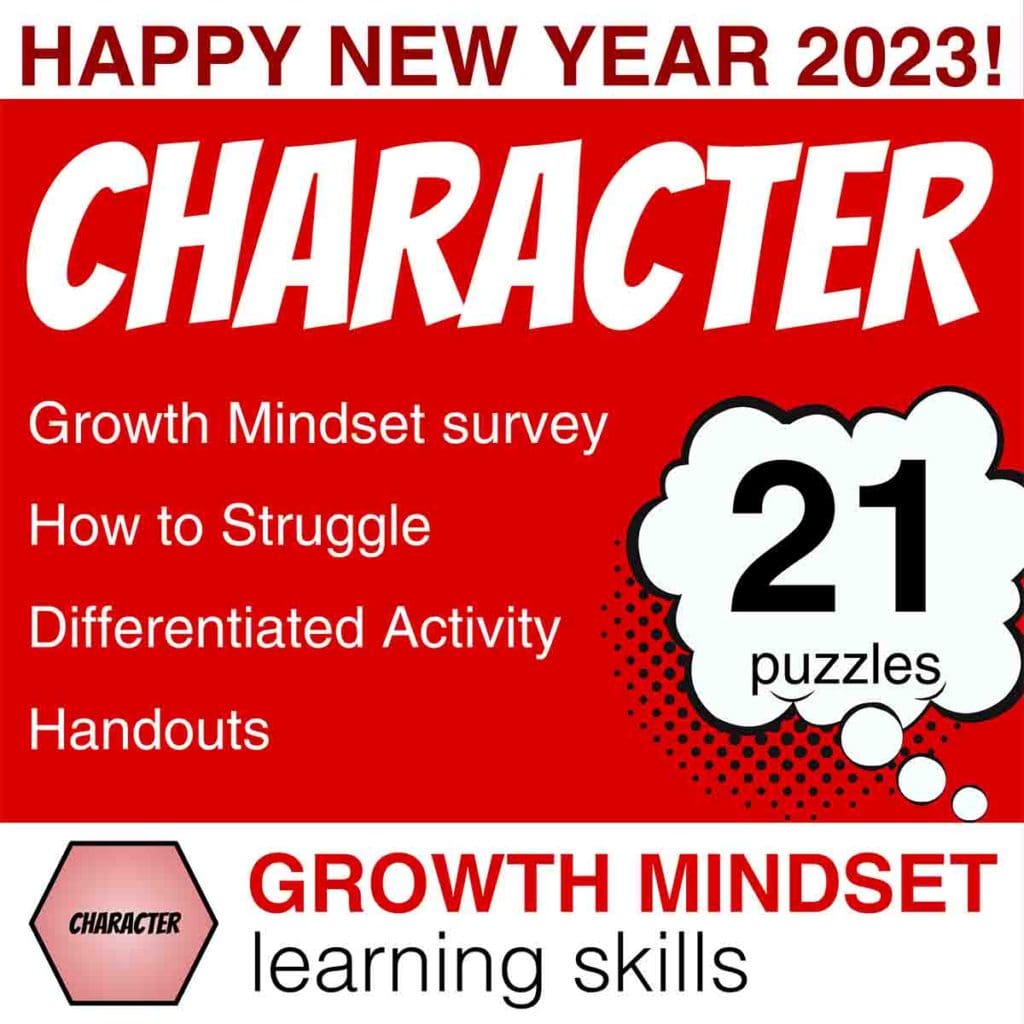 Happy New Year 2023! 8 Character Lessons - Growth mindset: student mindset survey, how to struggle, differentiated activity, handouts & lesson plans - 21 puzzles. Growth Mindset 21st Century Skills - social emotional learning product cover
