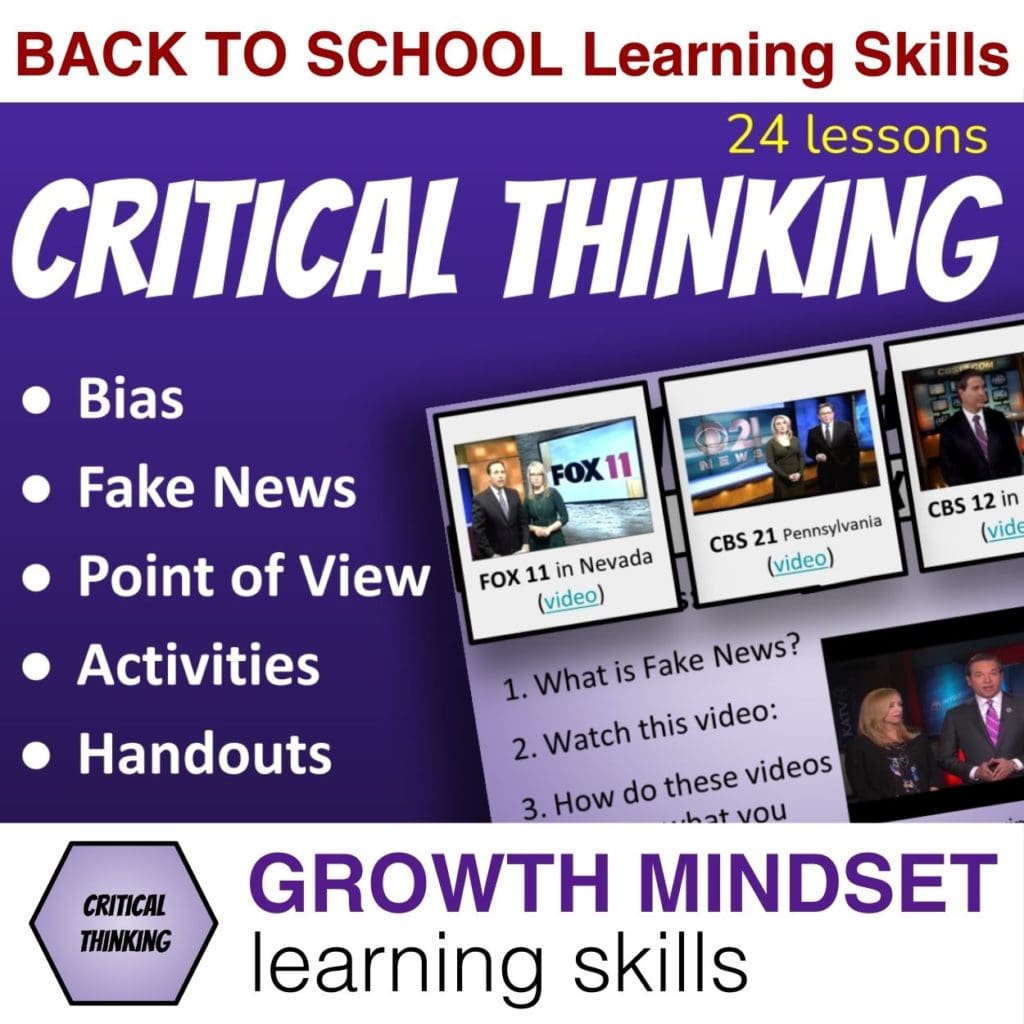 Critical Thinking Learning Skills for 2023! Bias, fake news, point of views, activities, and handouts. 21st Century Skills for Growth Mindset - social emotional learning SEL lesson cover 