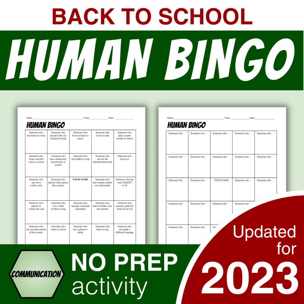 Back to School Human Bingo / Get to Know You Bingo - FREE PDF handout - Updated for 2023; NO PREP activity
