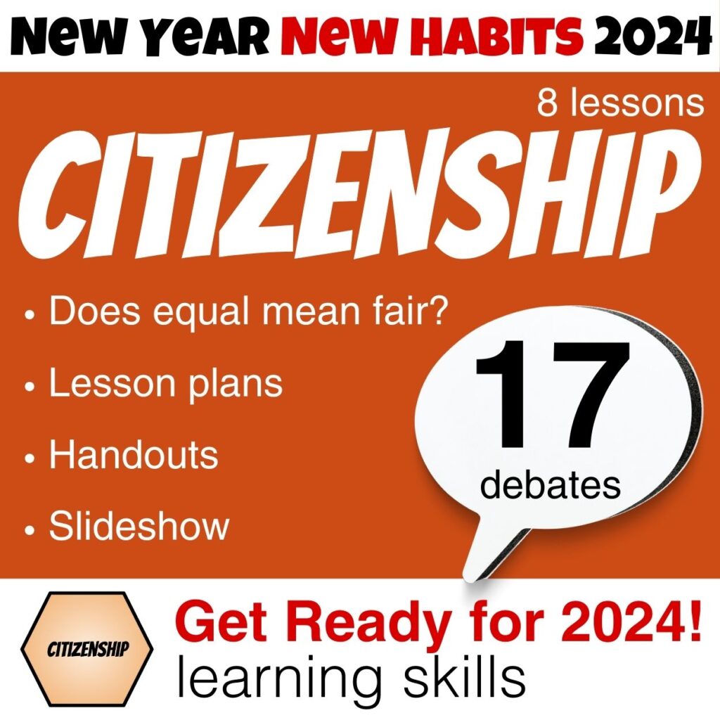 New Year Learning Skills: 8 lessons for Citizenship. Does equal mean fair? Lesson Plans, Handouts, Slideshow, SEL product cover