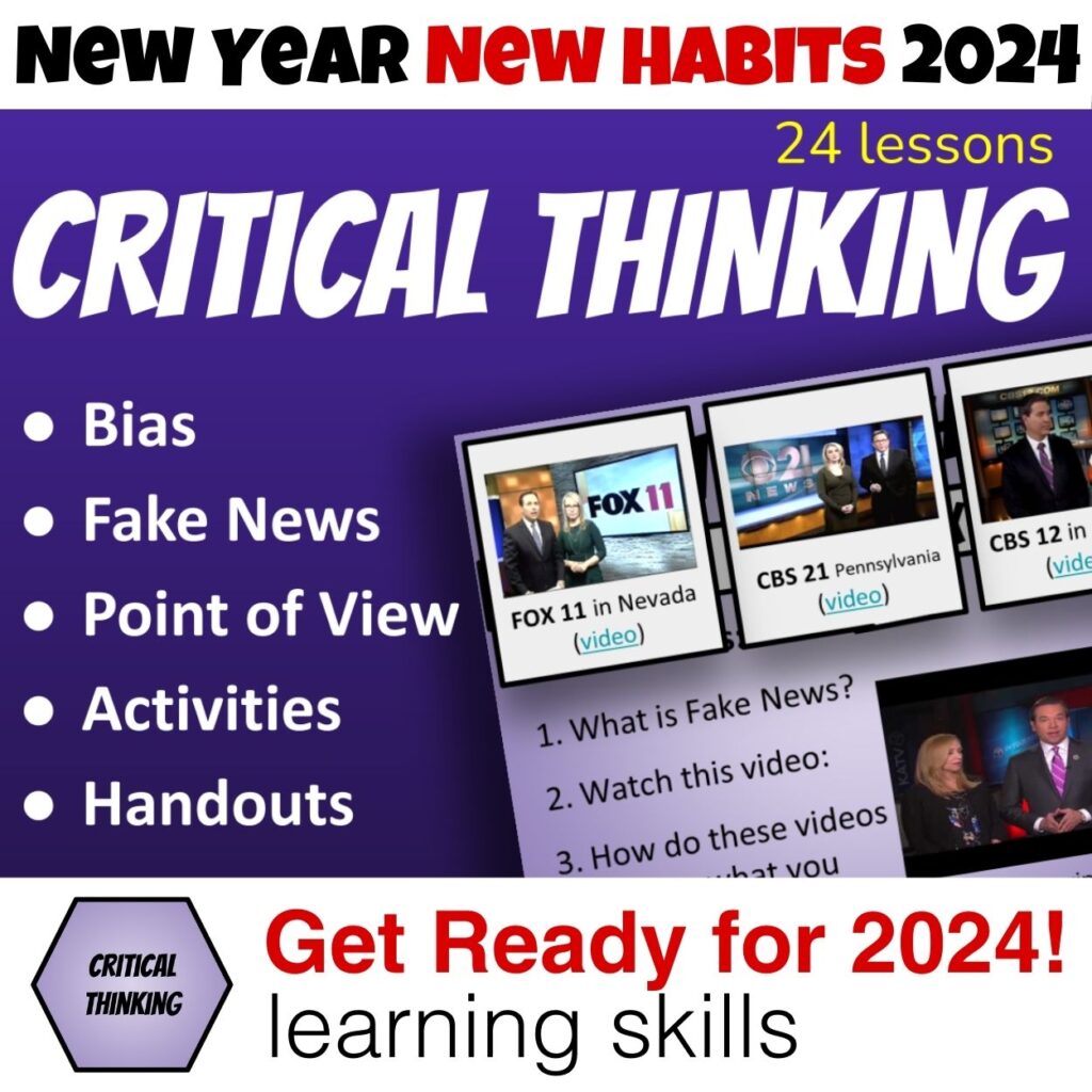 Critical Thinking Learning Skills for 2024! Bias, fake news, point of views, activities, and handouts. 21st Century Skills for Growth Mindset - social emotional learning SEL lesson cover