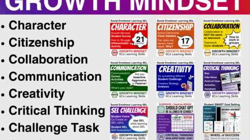 Social Emotional Learning SEL that isn't babyish: Growth Mindset Mega Bundle: Character, Citizenship, Collaboration, Communication, Creativity, Critical Thinking, SEL Challenge Task, ChatGPT - Product Cover