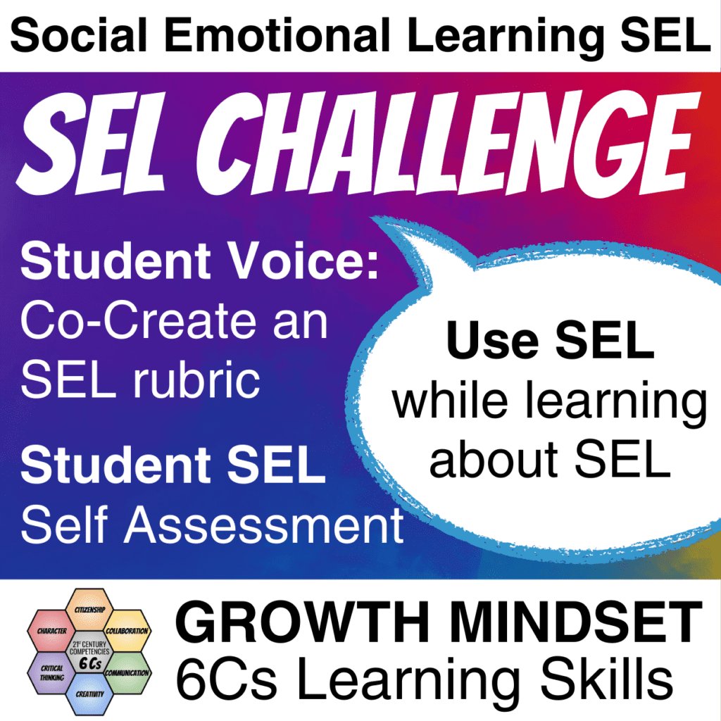 Social Emotional Learning SEL Challenge - Student Voice: Co-create an SEL rubric. Student SEL self assessment: Use SEL while learning about SEL. Growth Mindset 6Cs Learning Skills product cover
