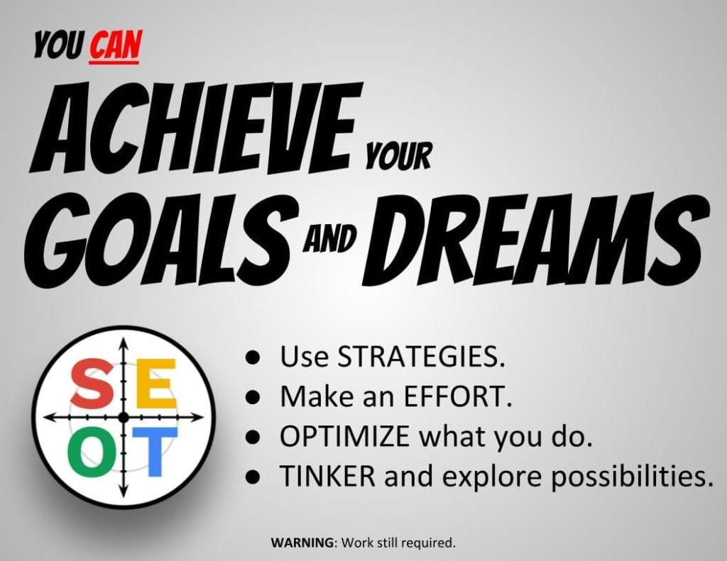 SEOT Goal Setting Powerpoint for Students Slide - You can achieve your goals and dreams - Use Strategies, Make an Effort, Optimize what you do, and Tinker and explore new possibilities.