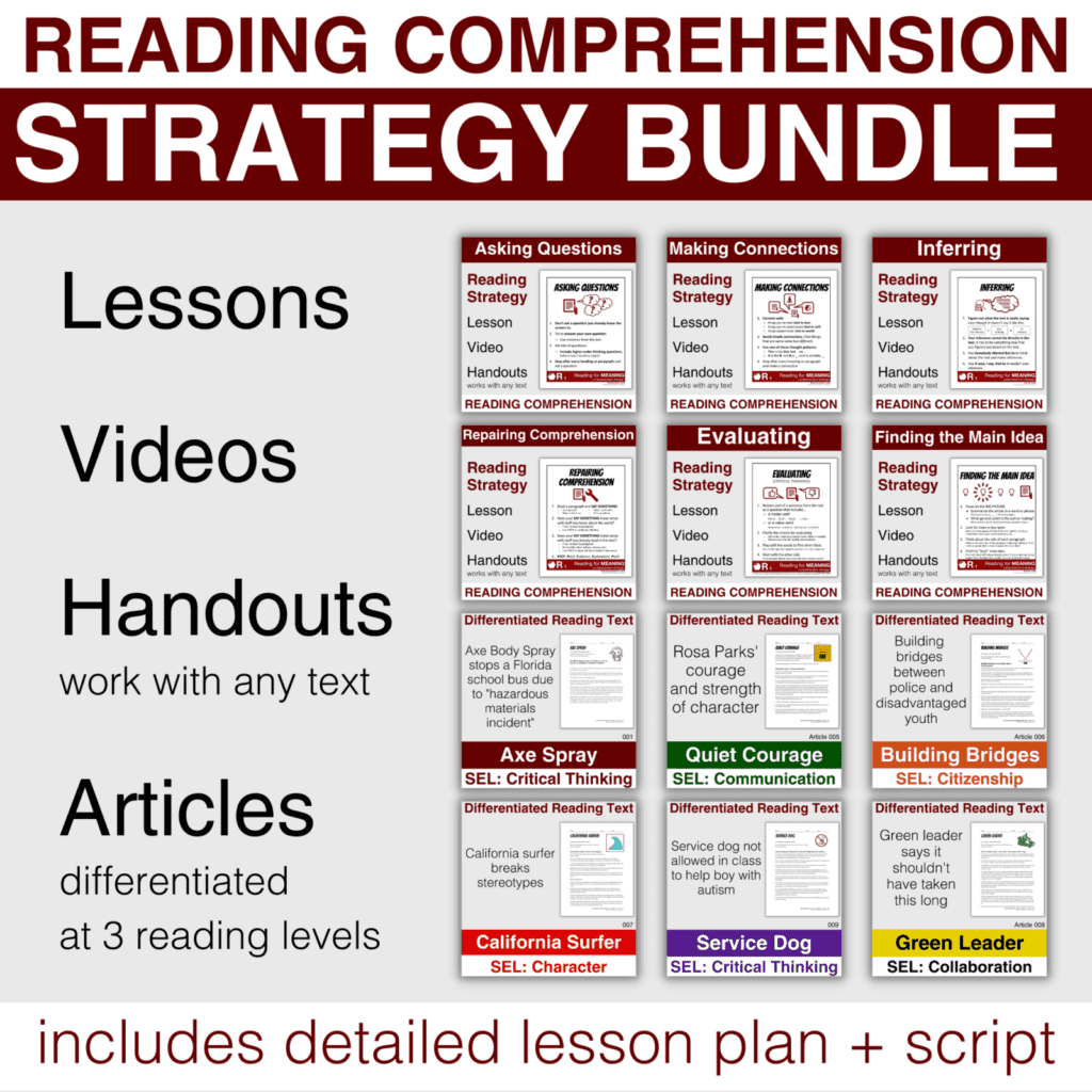 Reading Comprehension Strategy Bundle: Lessons, Videos, Handouts work with any text, Articles differentiated at 3 reading levels; includes detailed lesson plan + script